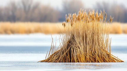 A cluster of tall reeds stands in frozen water with a blurred, wintry background.
