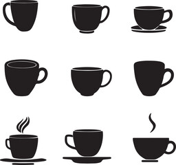 Obraz premium Black Silhouette Coffee Cup Set: Vector Illustration of Various Mug Designs