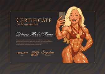 Fitness Achievement Certificate with Cartoon Female Bodybuilder Taking Selfie