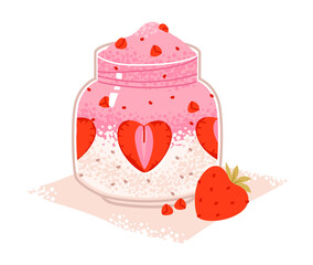 Strawberry smoothie in a fresh tropical style with juicy berries and a creamy texture. Refreshing fruit drink with strawberries, blended cream, and organic ingredients. Flat vector illustration.