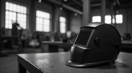 Welding helmet on workbench in industrial workshop, showcasing craftsmanship and safety in monochrome setting