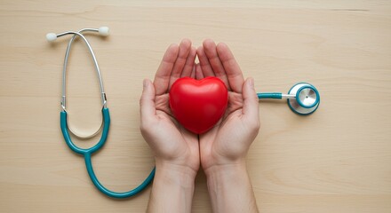 Hands Holding Heart and Stethoscope on Wooden Table - Healthcare Concept