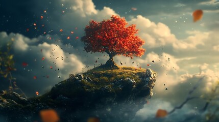 Solitary Autumn Tree: A vibrant tree stands alone on a floating island.