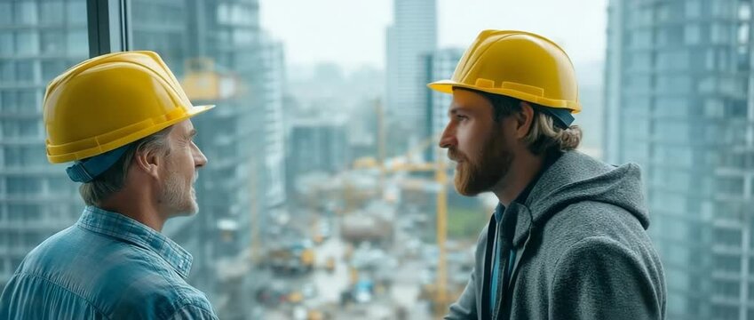 An architect and a construction worker are discussing the project's realisation while standing close to a window at a future business centre.