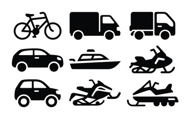 Vehicle and Transport Icon Collection in Black Silhouette Style

