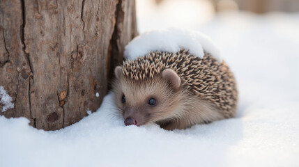 Obraz premium cute hedgehog exploring snowy ground near tree trunk, showcasing its spiky fur and small, curious face