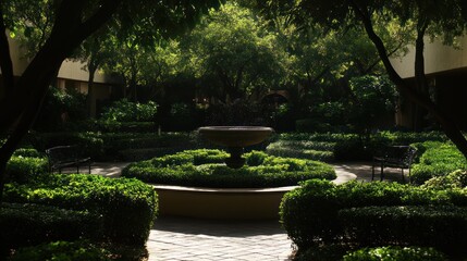 Fototapeta premium Courtyard garden with fountain, lush landscaping, sunlight filtering through trees. Possible use Stock photo for design inspiration