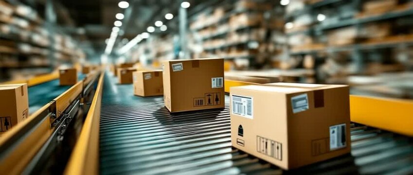 Cardboard cartons in a distribution facility travelling on a conveyor belt