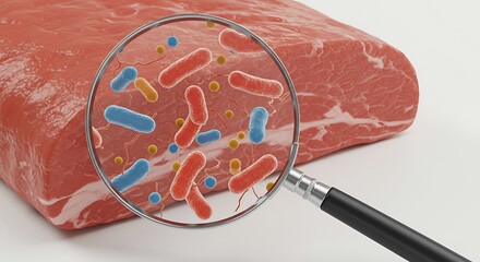 Minimalist illustration of a magnifying glass revealing bacteria on food, symbolizing World Food Safety Day, clean design