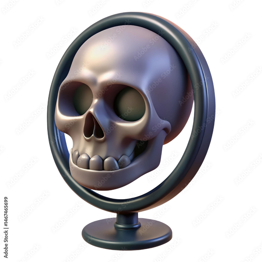 Poster playful 3d skull icon in a circular frame dark background smooth textures subtle lighting on transpa