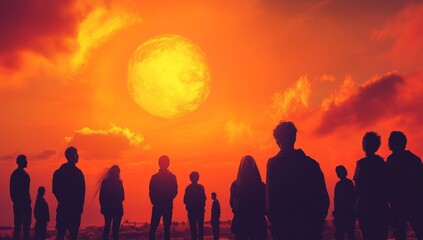 Fototapeta premium People Silhouettes Watching Sunset or Sunrise with Large Sun