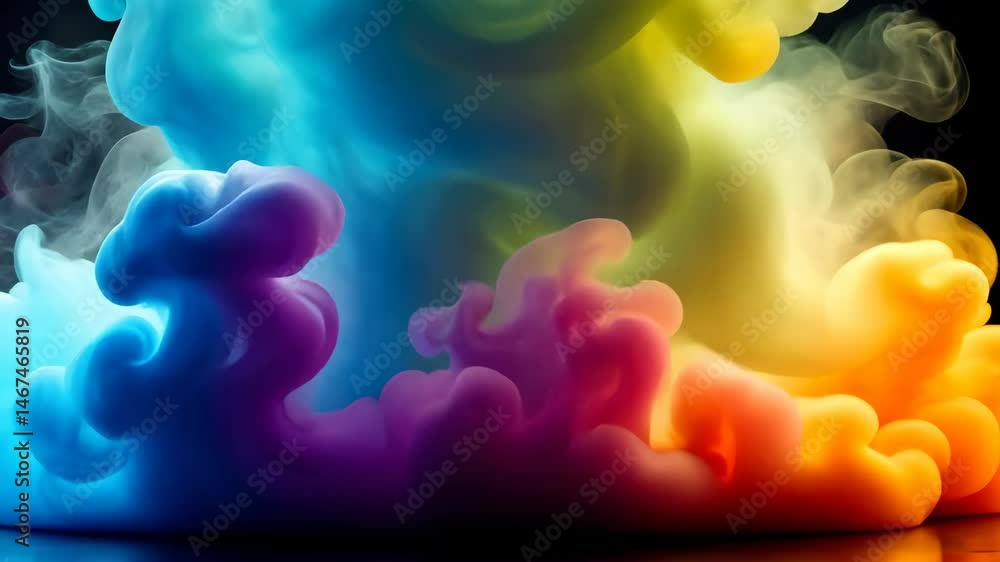Poster mesmerizing multicolored smoke swirls and dances in the water, creating an abstract spectacle.