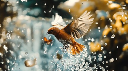 Fototapeta premium Bird in flight with wings spread among water droplets in a soft background.