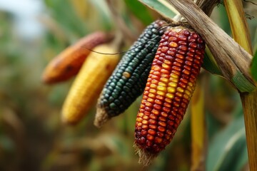 Harvested colorful decorative corn cobs hanging on stalk in the autumn field; agriculture, food, rural lifestyle close up