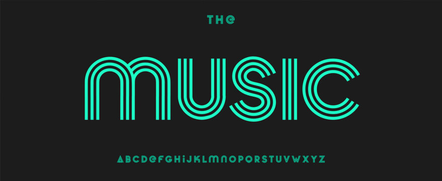 Music neon stripe font, rhythmic monoline letters, bold retro-futuristic type with clean geometry, digital media visuals, nightlife typography, vibrant typographic design. Vector typeset.