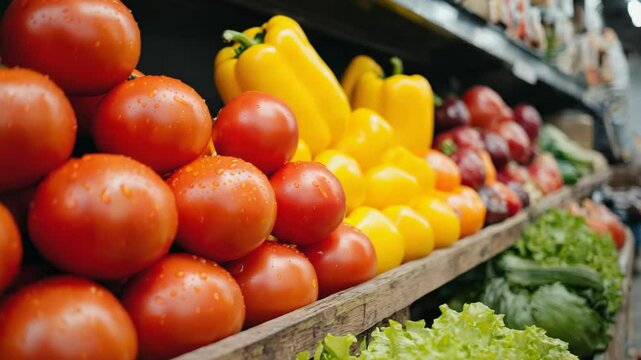 fresh tomatoes and yellow bell peppers stacked on shelf in grocery store produce section, vibrant colors healthy food concept for market and vegetable shopping visuals