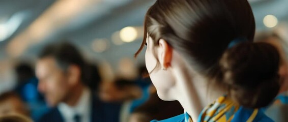 Air hostess or stewardess service, or cabin crew welcoming passengers aboard an aircraft