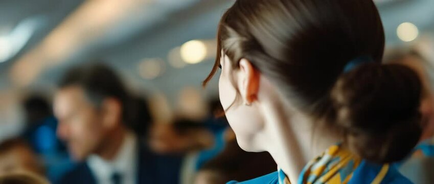 Air hostess or stewardess service, or cabin crew welcoming passengers aboard an aircraft