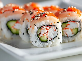 Macro Shot Sushi Rolls with Salmon, Cucumber, Crabstick, Tobiko, and Sesame Seeds