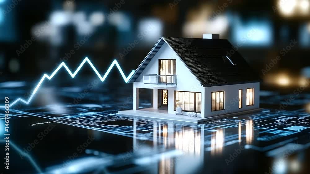 Poster a d-rendered modern smart home surrounded by floating currency symbols and a glowing upward arrow in