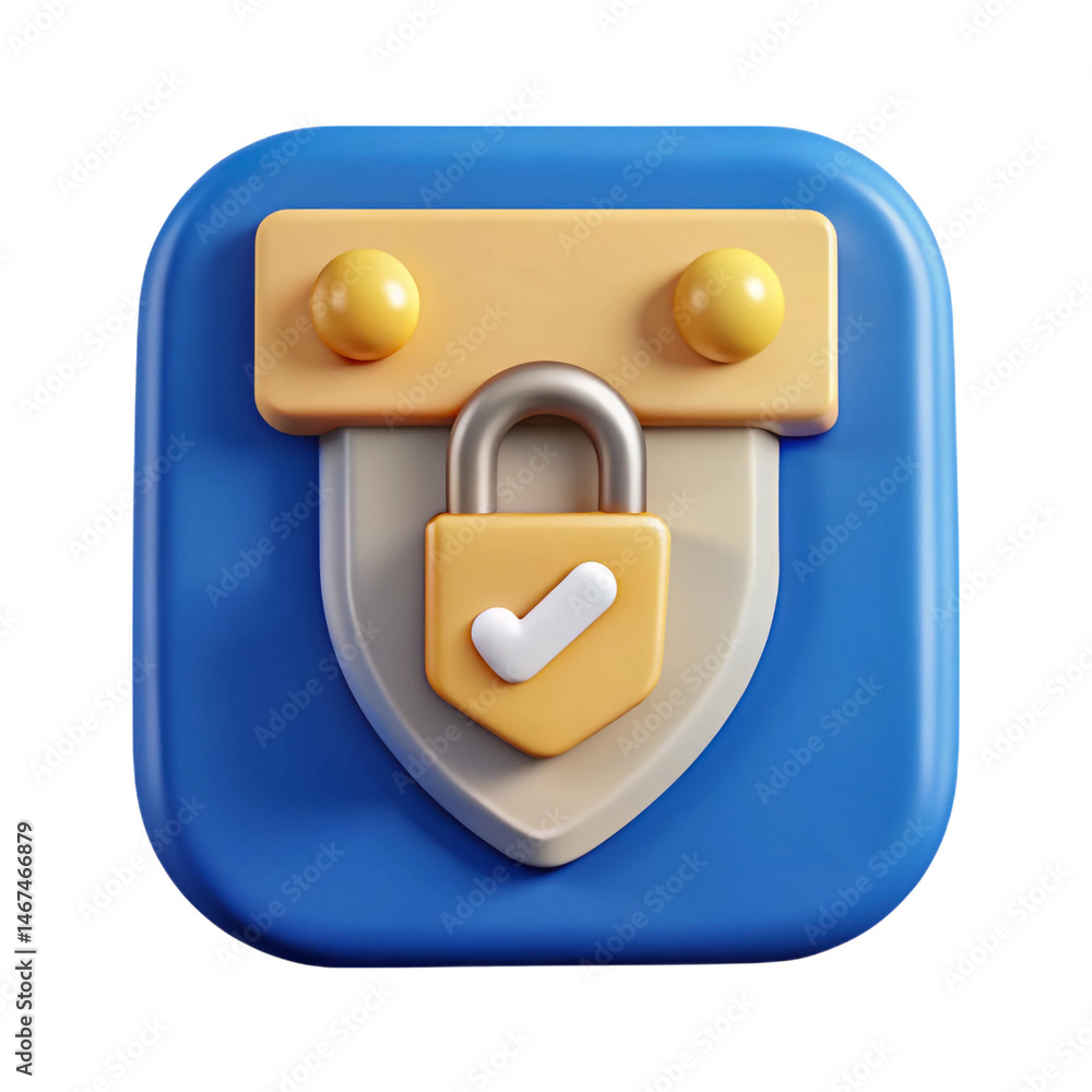 Poster secure app icon 3d design padlock with checkmark on shield vibrant blue beige yellow tones on transp