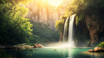 Waterfall cascading into a tranquil pool, surrounded by lush greenery.
