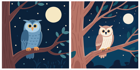 Two vector illustrations depict an owl perched on a tree branch at night, illuminated by moonlight.