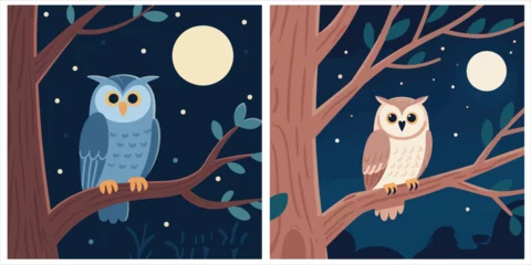 Fotobehang Uiltjes Two vector illustrations depict an owl perched on a tree branch at night, illuminated by moonlight.  © reza