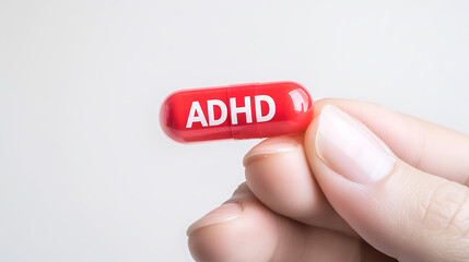 Hand holding a capsule labeled with an acronym. Conceptual image related to medication for a neurodevelopmental disorder. Treatment, pharmaceutical research.
