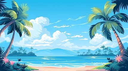 Obraz premium Refreshing Summer Ocean View with Palm Trees, Relaxing Beach Background