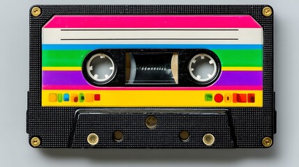 Naklejka premium Retro Colorful Cassette Tape with 80s Music Nostalgia.