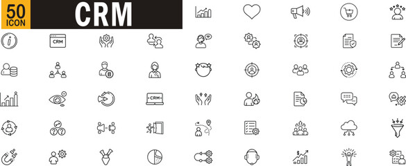 CRM outline icon set. Includes customer management, sales tracking, analytics, support, user data, communication, retention, and automation tools.