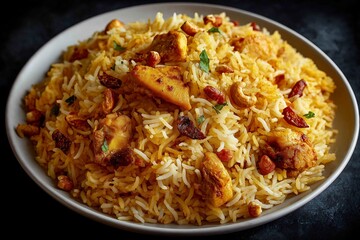 Plate of Machboos, Gulf spiced meat and rice, served with golden chicken, cashews, sun-dried tomatoes. Concept of warmth, inviting atmosphere, highlighting Machboos dish.