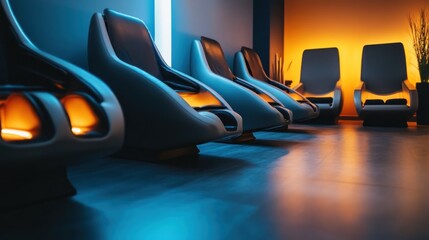 Relaxation Room: Futuristic Massage Chairs Under Ambient Lighting