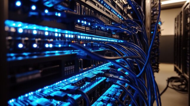 Close-up of server rack with illuminated components and cables