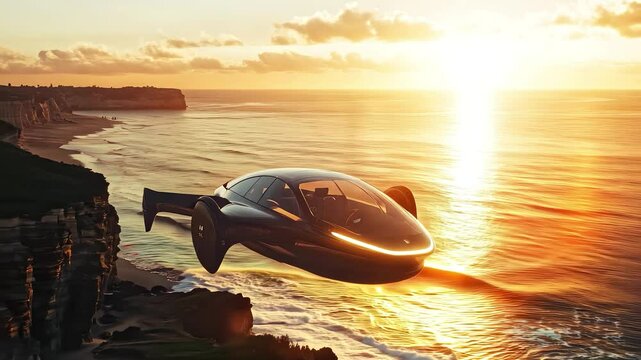 Futuristic flying car soaring over sunset beach