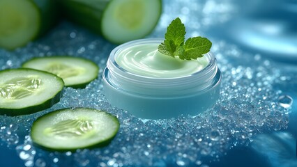 Fresh Organic Cucumber and Mint Skincare Concept with Natural Hydrating Cream and Botanical Elements on Light Blue Background – Ideal for Spa, Wellness, and Beauty Product Advertising