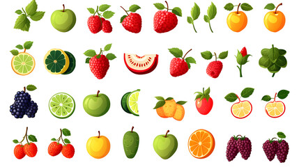 Colorful Cartoon Vector Illustration of a Big Set of Fruits and Berries for Creative Designs