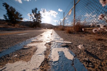 Low angle perspective of cracked road line leading toward the distant mountains under a bright sky and sun