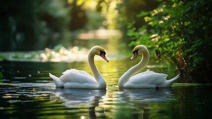 Fototapeta premium Pair of swans serenely gliding on water, necks forming a heart shape.
