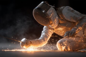 Intense fencing bout with glowing sparks and protective gear during competition, highlighting the action and dramatic lighting.