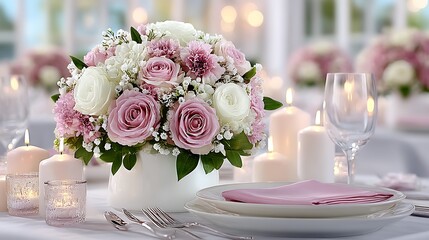 Romantic Wedding Table Setting with Flower Arrangement.
