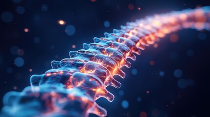 3D illustration of a human spine with highlighted vertebrae,