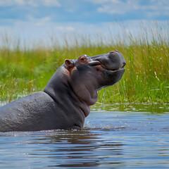 Fototapeta premium Close-Up of a Hippopotamus in Water: Serene Wildlife Moment