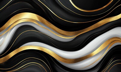 Abstract black, white, gold waves; elegant design background for luxury branding