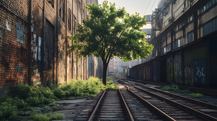 A tree thrives amidst urban decay, its vibrant green contrasting with the aged brick buildings and rusted railway tracks. A serene landscape of nature reclaiming the city.