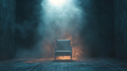 Chair in Spotlight: Solitary Seat in an Empty Room Amidst Fading Illumination