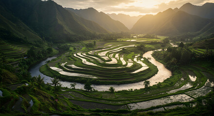 Scenic River Winding Through Rice Terraces in Mountain Valley at Sunset