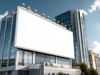 A massive blank billboard mockup is affixed to the side of a modern glass office building under a partly cloudy sky.