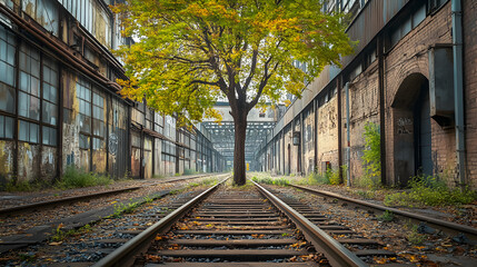 Fototapeta premium Autumn Tree on Old Railway Tracks, Nature Reclaiming Urban Decay